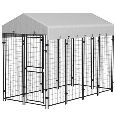 -PawHut 7.8' x 6' Outside Dog Kennel with Waterproof Canopy, Two Parts Design Door for Large Door, Silver - Outdoor Style Company