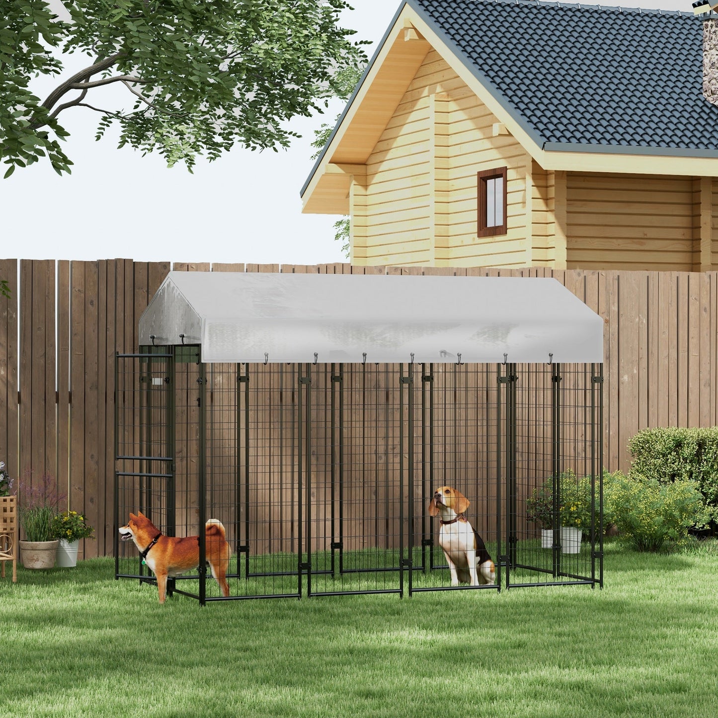 '-PawHut 7.8' x 6' Outside Dog Kennel with Waterproof Canopy, Two Parts Design Door for Large Door, Silver - Outdoor Style Company