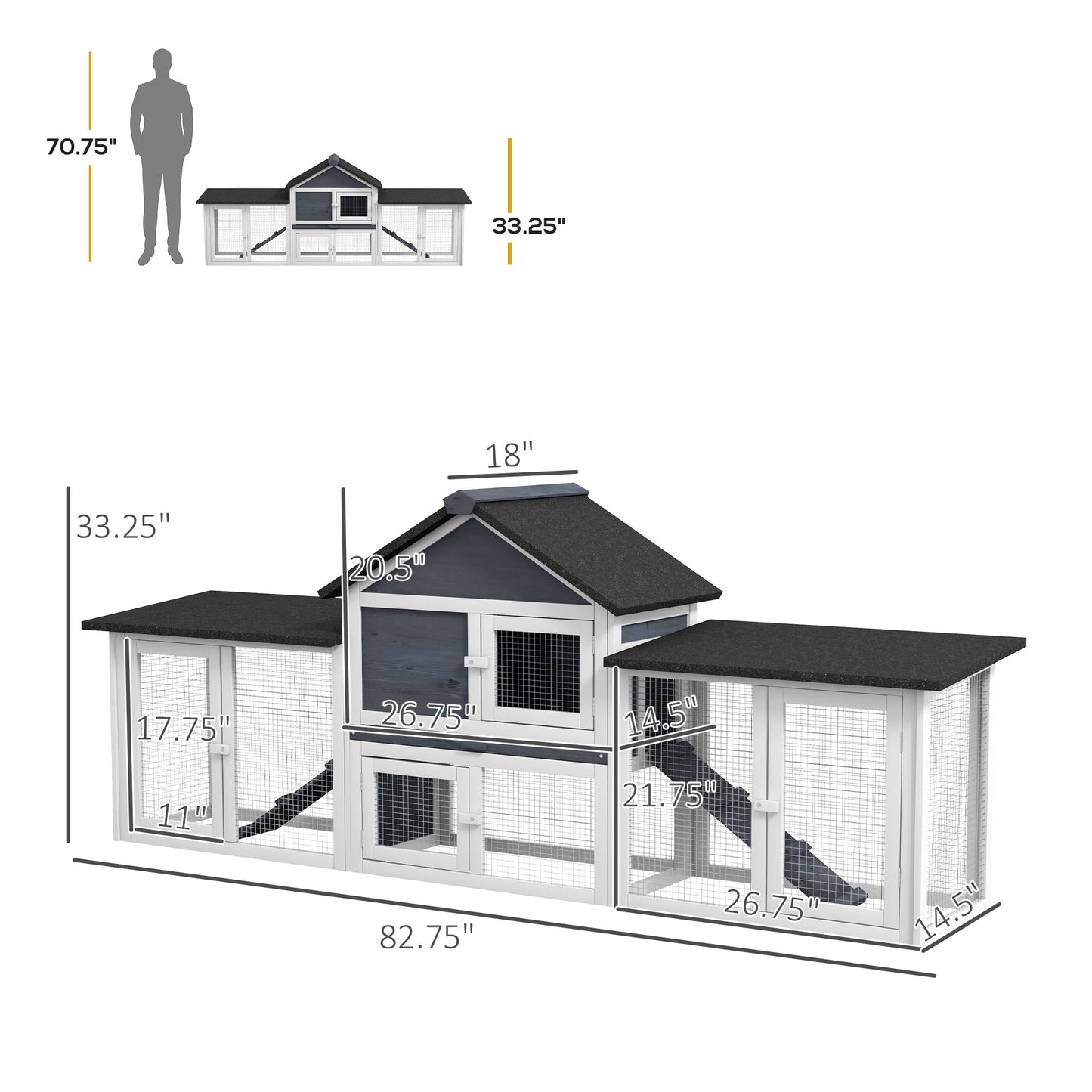 '-PawHut 83" Outdoor Rabbit House, 2-Story Deluxe XL Wooden Rabbit Hutch, Big Bunny Cage w/ Ladder and Run, Gray - Outdoor Style Company