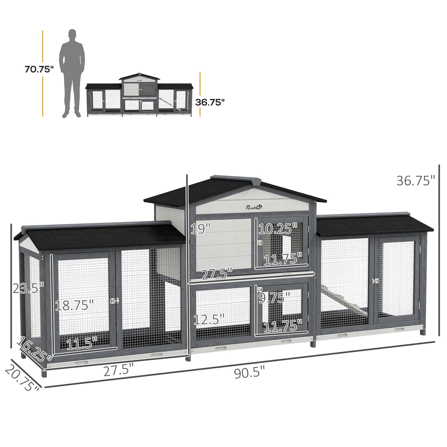 '-PawHut 90.5" Wooden Rabbit Hutch Bunny Cage Pet Playpen House Enclosure with Double Side Run Boxes, for Guinea Pig and Small Animals, Light Grey - Outdoor Style Company