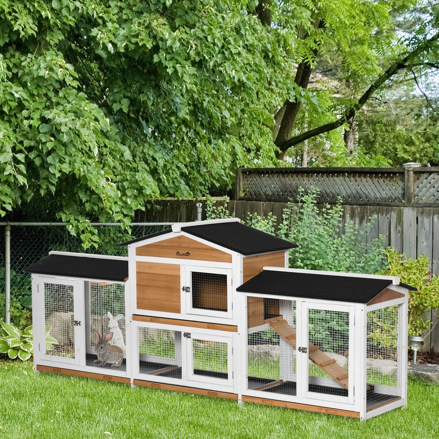 '-PawHut 90.5" Wooden Rabbit Hutch Bunny Cage Pet Playpen House Enclosure with Double Side Run Boxes & Ramp, for Guinea Pig and Small Animals, White - Outdoor Style Company