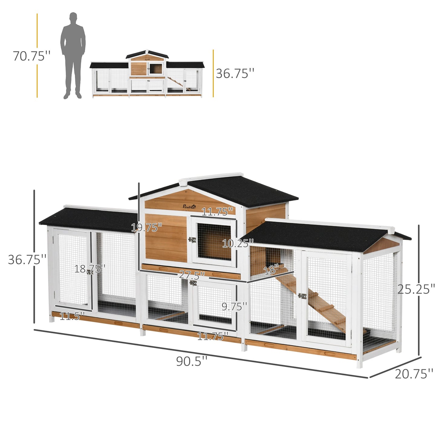 '-PawHut 90.5" Wooden Rabbit Hutch Bunny Cage Pet Playpen House Enclosure with Double Side Run Boxes & Ramp, for Guinea Pig and Small Animals, White - Outdoor Style Company