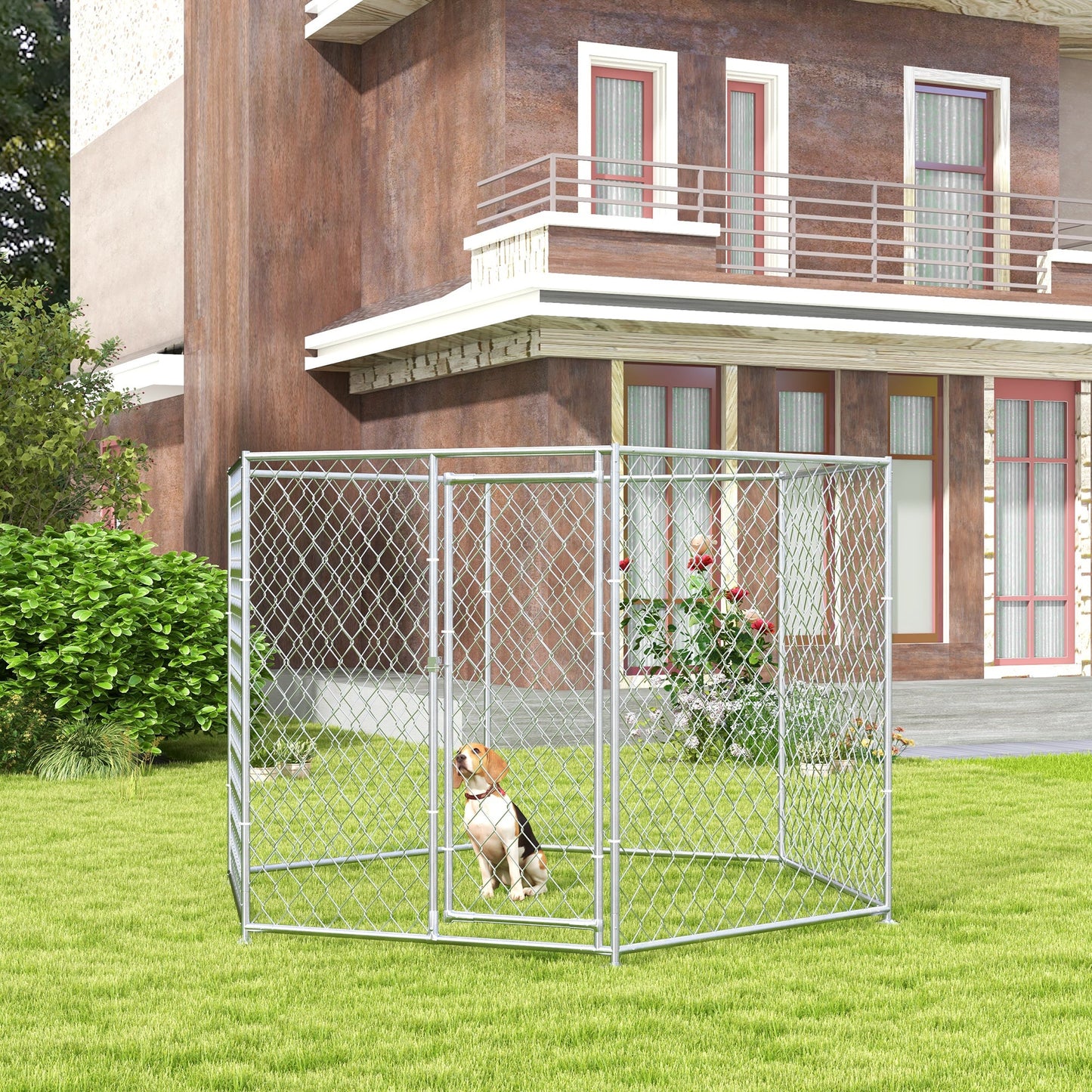 -PawHut 9.2' x 8' x 5.6' Dog Kennel Outdoor for Medium and Large-Sized Dogs with Lockable Door, Silver - Outdoor Style Company