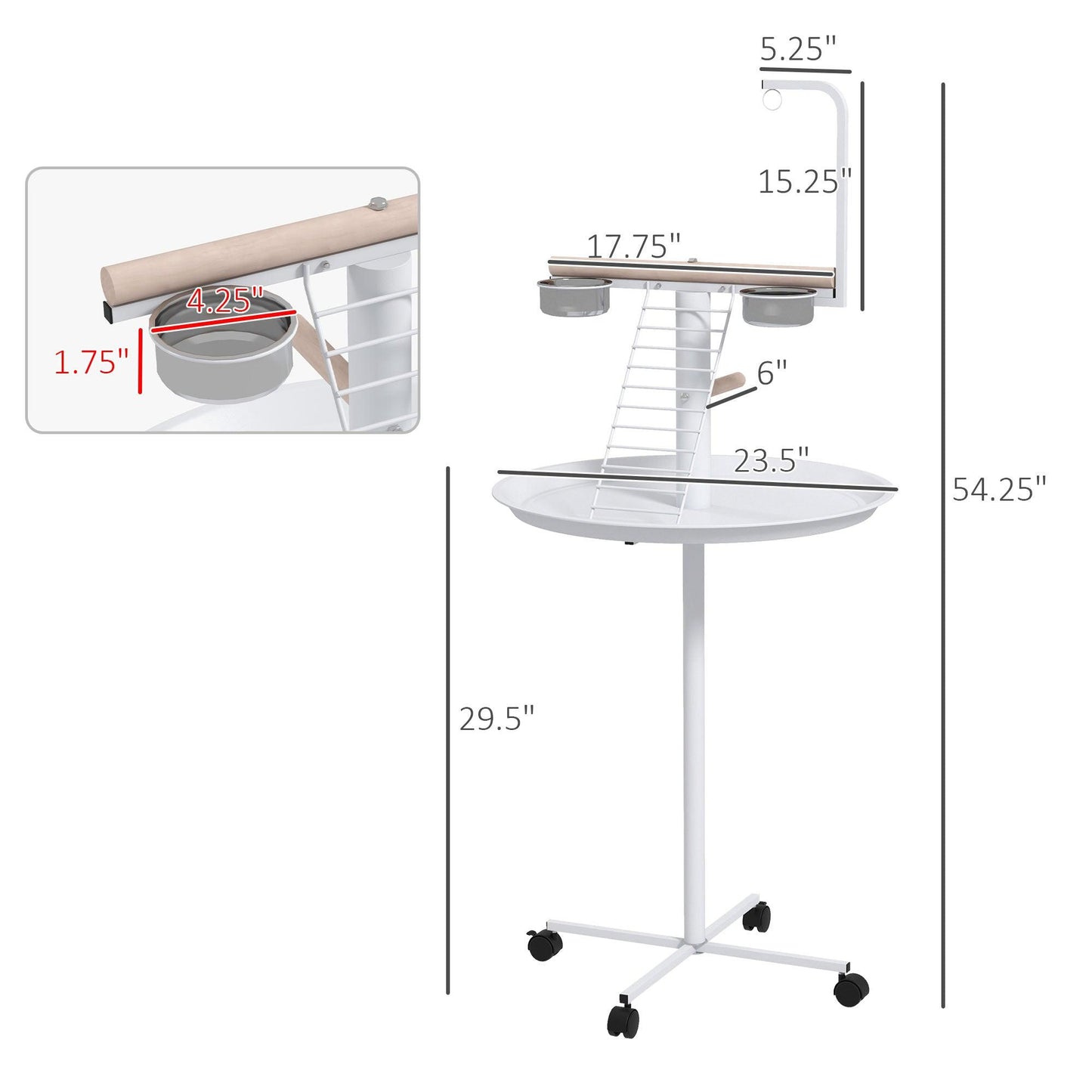 Bird Feeders - PawHut Bird Stand with Wheels, Perches, Feed Bowls, Round Tray for Parrot - Outdoor Style Company