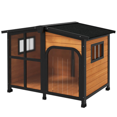 -PawHut Cabin-Style Wooden Dog House for Large Dogs with Openable Roof & Giant Window, Yellow - Outdoor Style Company