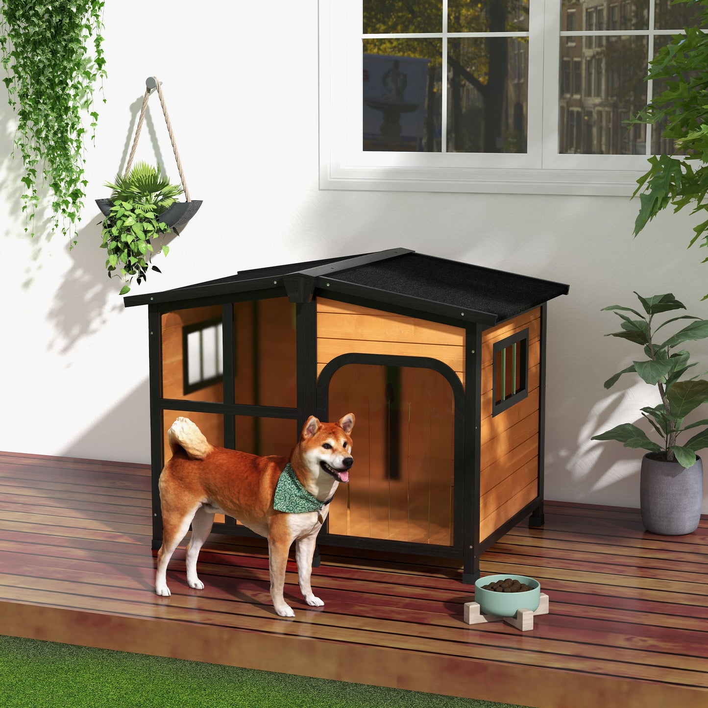 '-PawHut Cabin-Style Wooden Dog House for Large Dogs with Openable Roof & Giant Window, Yellow - Outdoor Style Company