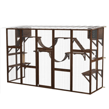 '-PawHut Catio Playground Cat Window Box Outside Enclosure for Multiple Cats w/ Shelves & Bridges, Coffee Brown - Outdoor Style Company