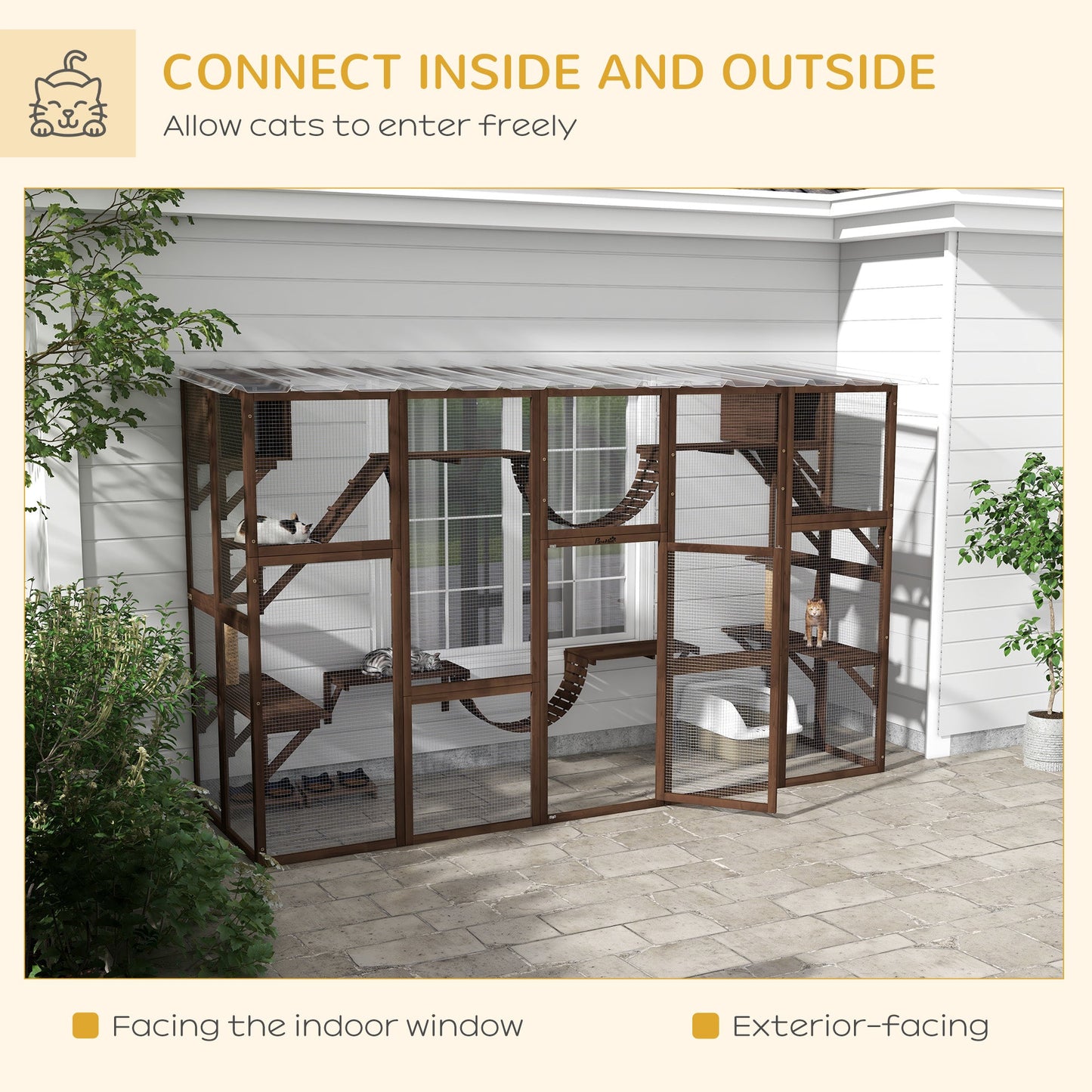 '-PawHut Catio Playground Cat Window Box Outside Enclosure for Multiple Cats w/ Shelves & Bridges, Coffee Brown - Outdoor Style Company