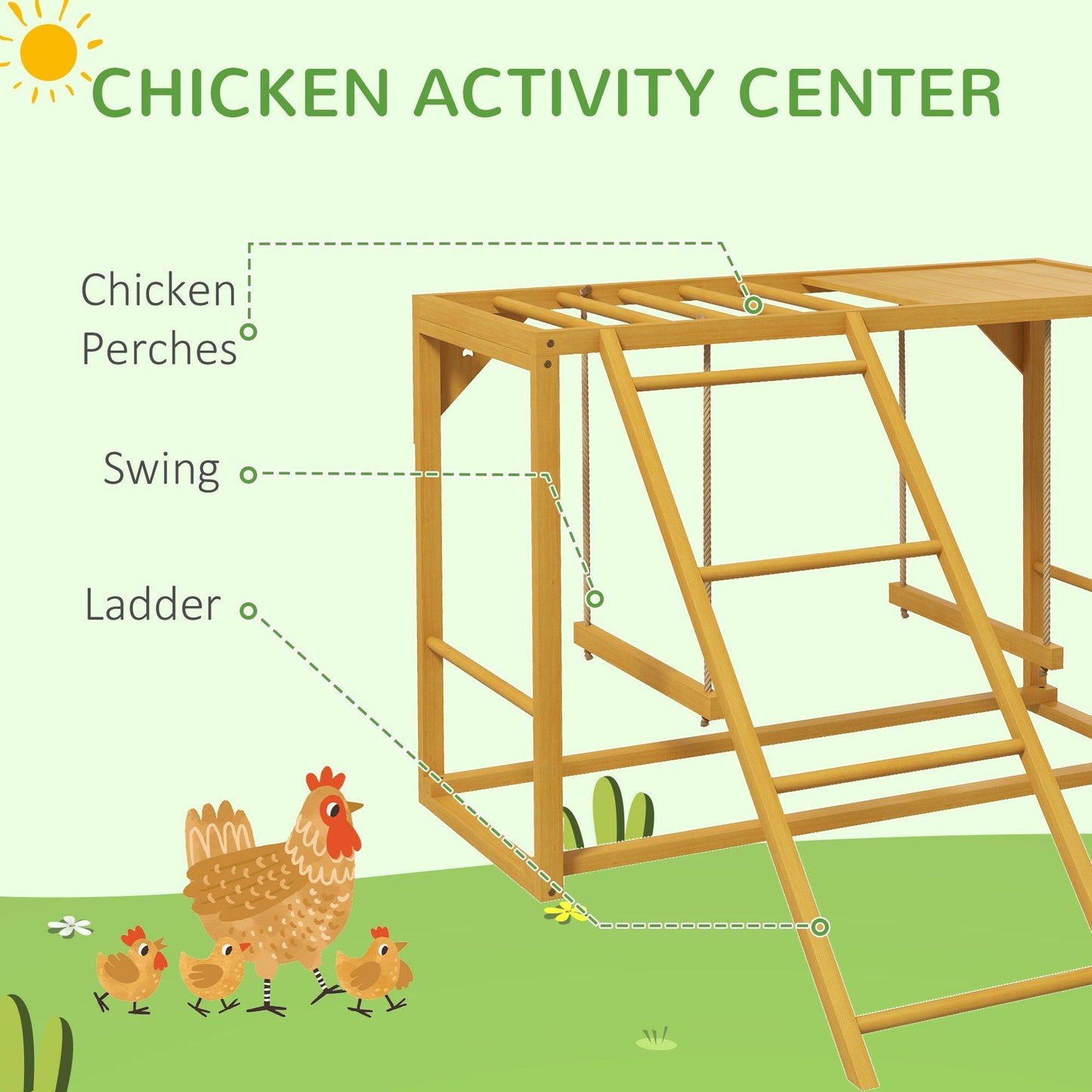 '-PawHut Chicken Activity Play with Swing Set, Wooden Chicken Coop Accessory with Multiple Chicken Perches & Hen Ladder, Yellow - Outdoor Style Company