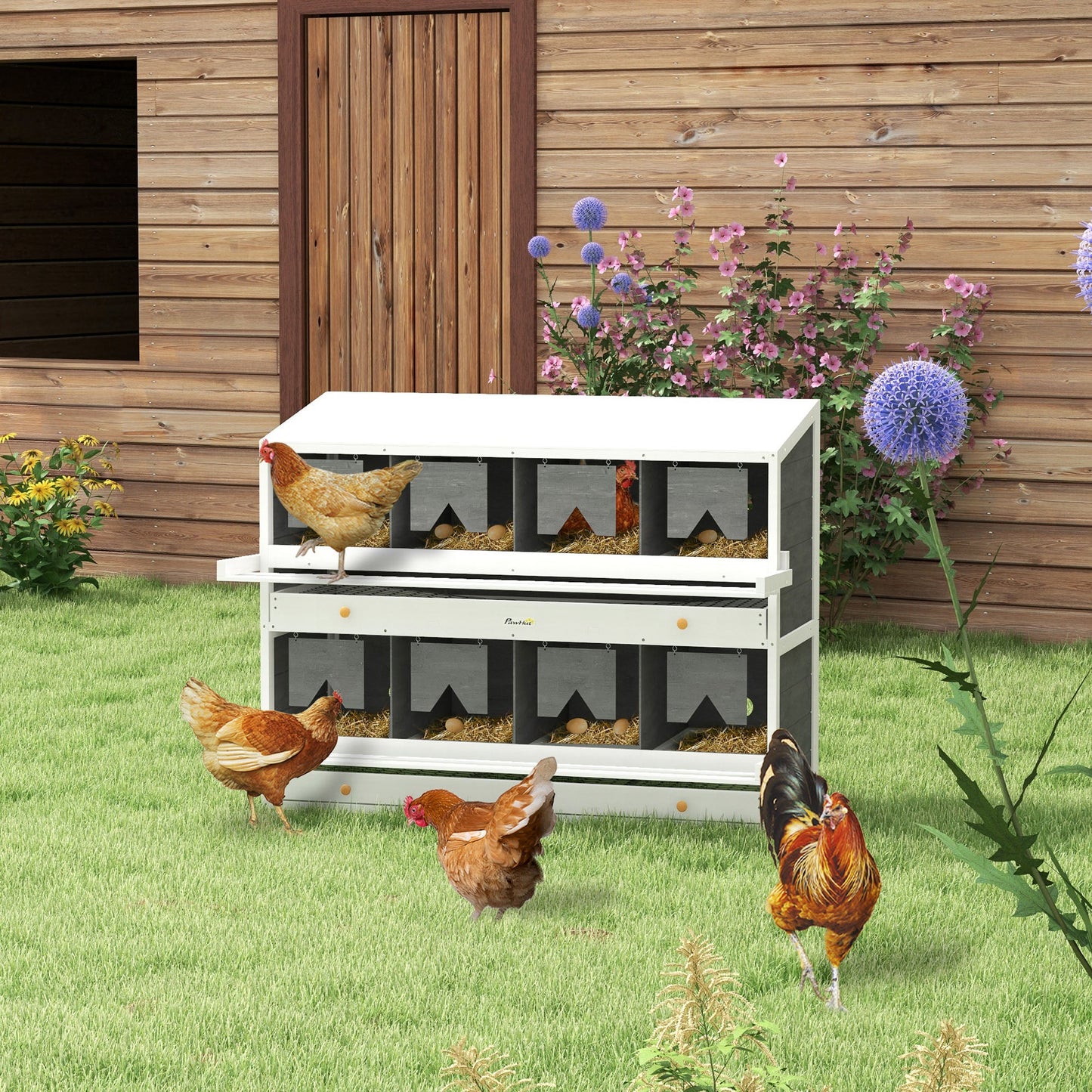 '-PawHut Chicken Nesting Box 8 Compartments Wood Laying Boxes for Chicken Coop with Egg Collection Trays Perches for 16-32 Hens - Outdoor Style Company