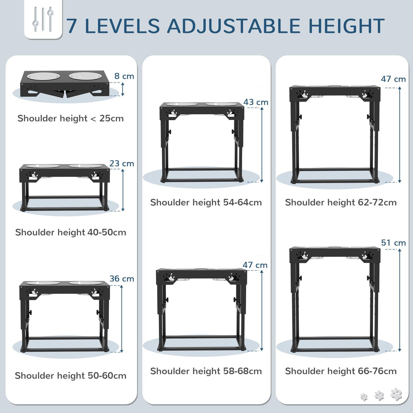 '-PawHut Dog Food Bowls 7 Adjustable Height Dog Bowl Stand with 2 Stainless Steel Bowls for Small Medium, and Large Dogs, Black - Outdoor Style Company