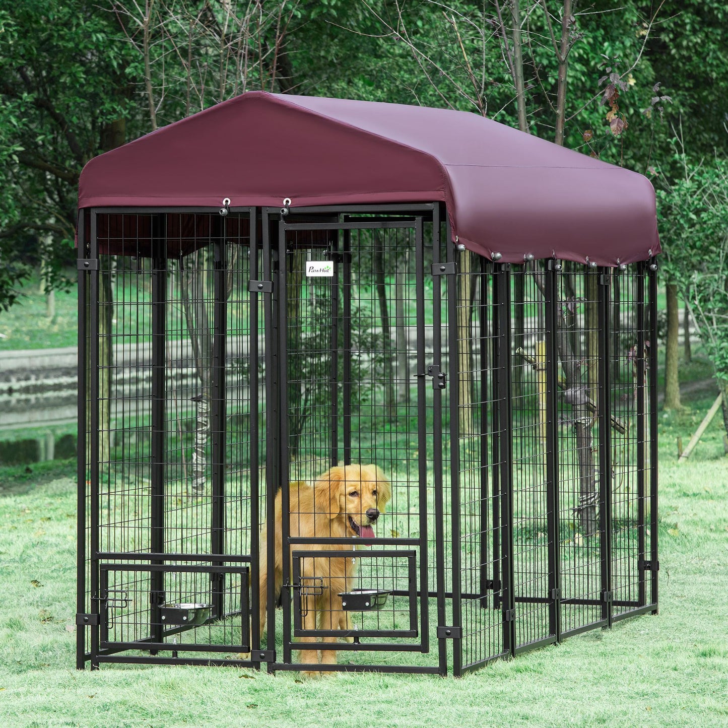 '-PawHut Dog Kennel Outdoor with Rotating Bowl Holders, Walk-in Pet Playpen, Red - Outdoor Style Company