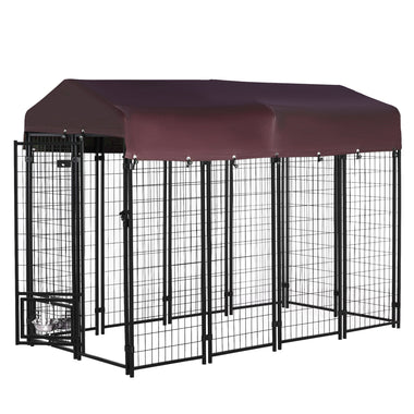 -PawHut Dog Kennel Outdoor with Rotating Bowl Holders, Walk-in Pet Playpen, Red - Outdoor Style Company