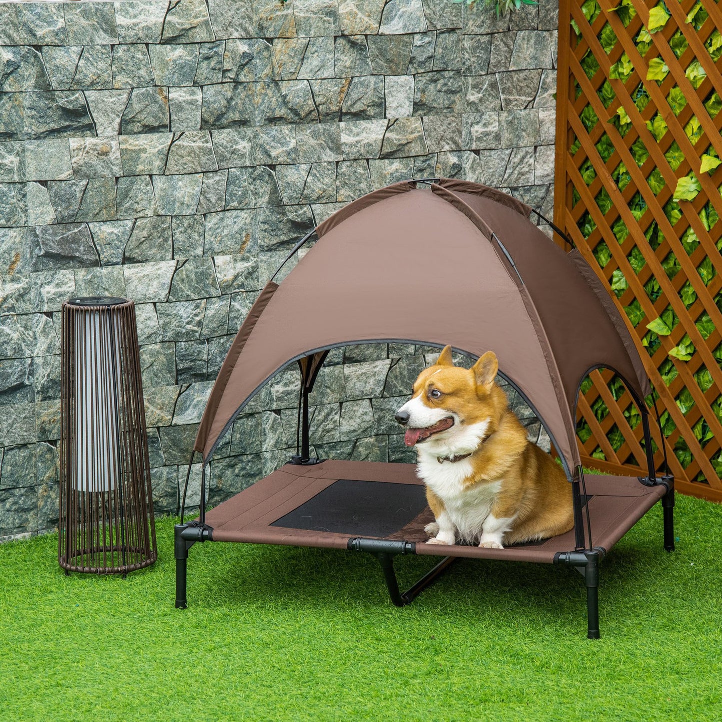-PawHut Elevated Portable Dog Cot Pet Bed with UV Protection Canopy Shade, 36 inch, Coffee - Outdoor Style Company