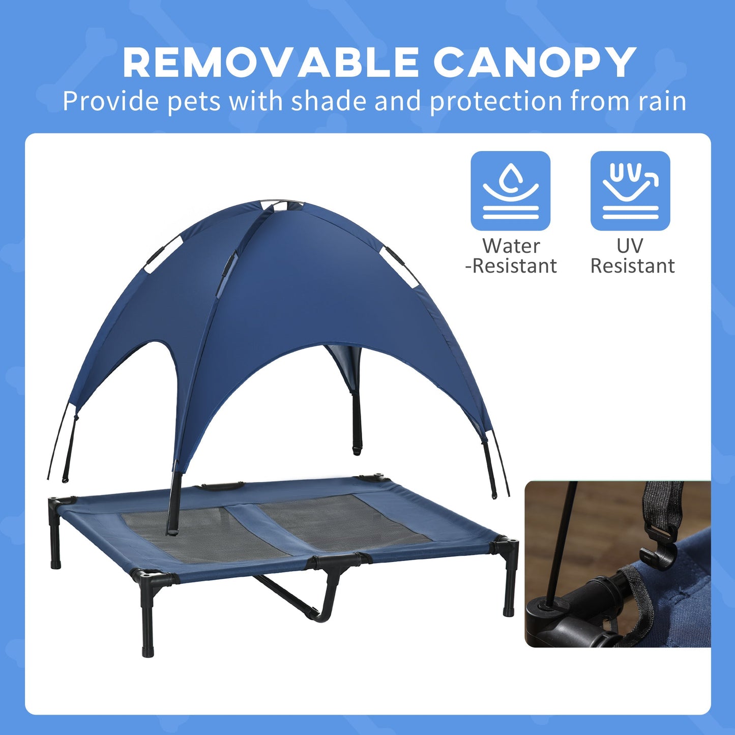 -PawHut Elevated Portable Dog Cot Pet Bed with UV Protection Canopy Shade, 36 inch, Dark Blue - Outdoor Style Company