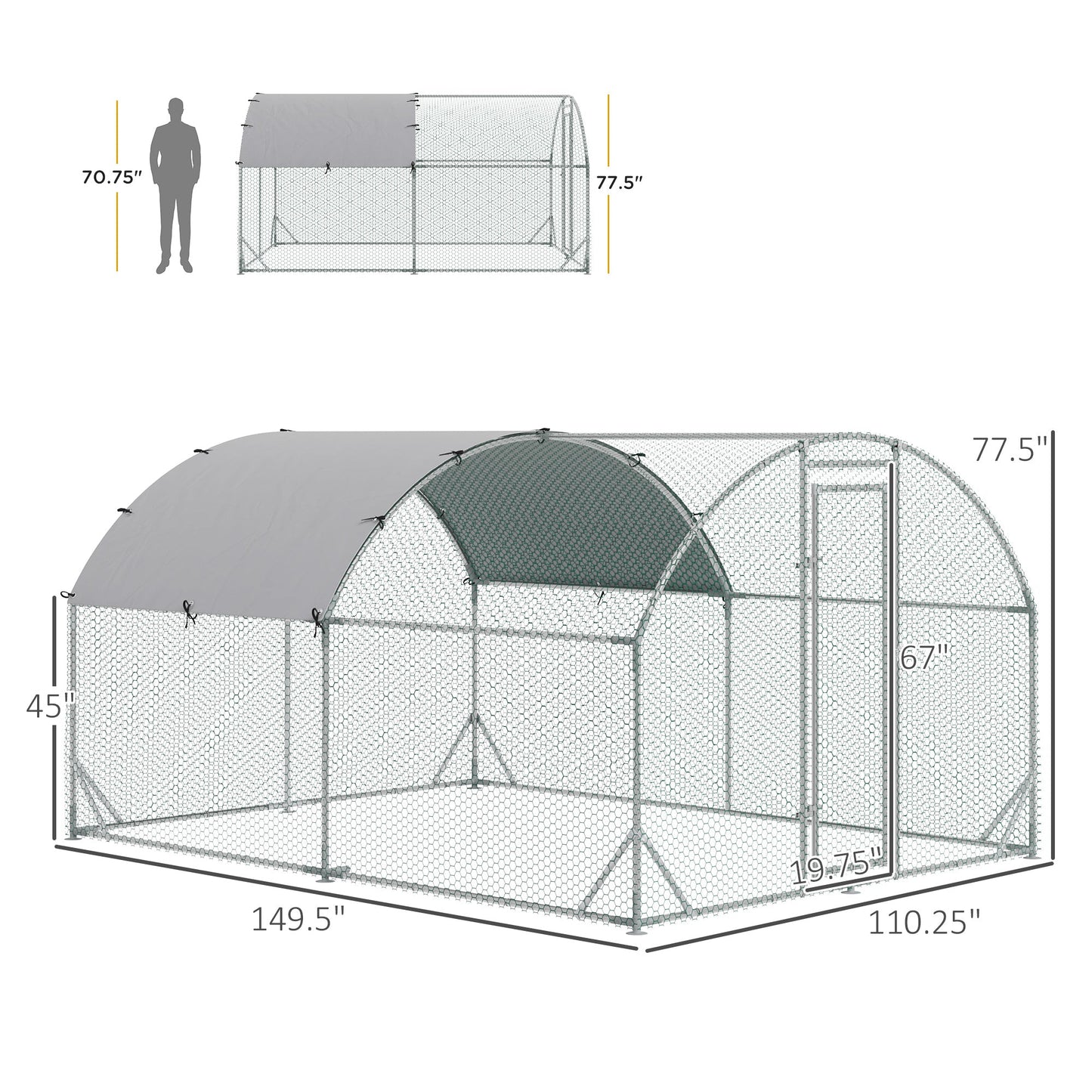 '-PawHut Galvanized Large Metal Chicken Coop Cage, Walk-in Enclosure Poultry Hen Run, 9.2' x 12.5' x 6.5' House Playpen with Cover for Outdoor, Silver - Outdoor Style Company