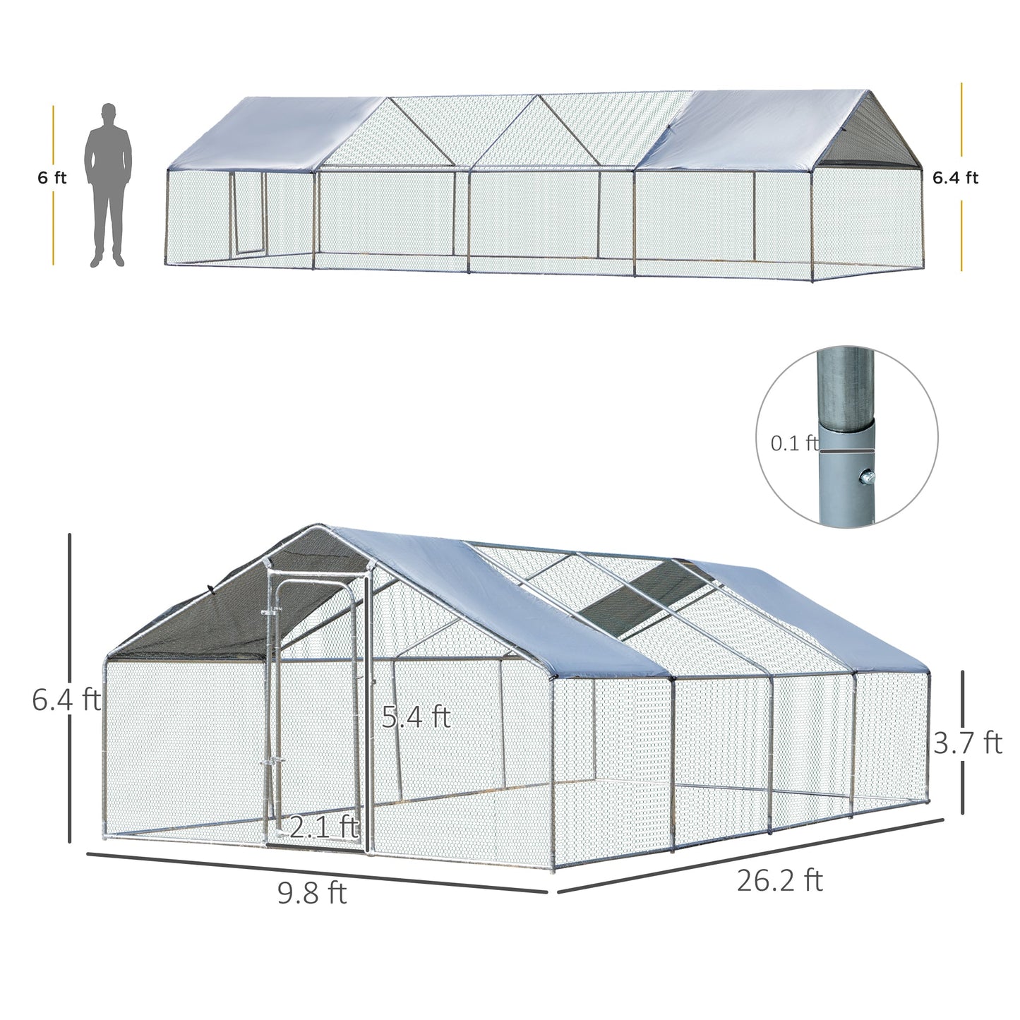 '-PawHut Galvanized Large Metal Chicken Coop Cage, Walk-in Enclosure Poultry Hen Run House with UV & Water-Resistant Cover for Outdoor, 10' x 26' x 6.5' - Outdoor Style Company