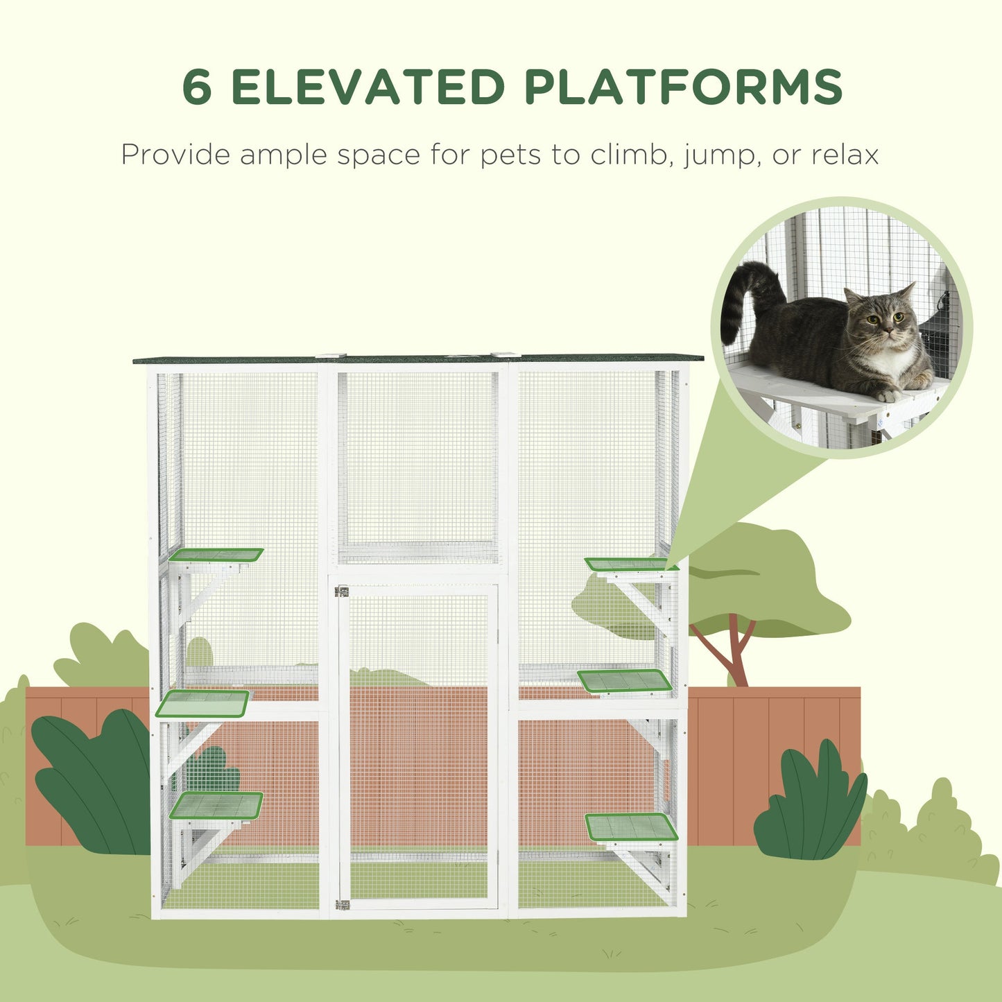 '-PawHut Outdoor Cat House Big Catio Wooden Feral Cat Shelter Enclosure w/ Large Spacious Interior, 6 High Ledges, Weather Protection Roof, 71" L, White - Outdoor Style Company