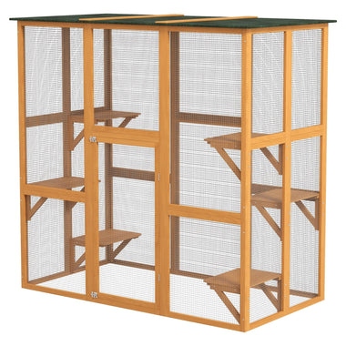 '-PawHut Outdoor Cat House Big Catio Wooden Feral Cat Shelter Enclosure with Large Spacious Interior, 6 High Ledges & Asphalt Roof, 71" L, Orange - Outdoor Style Company
