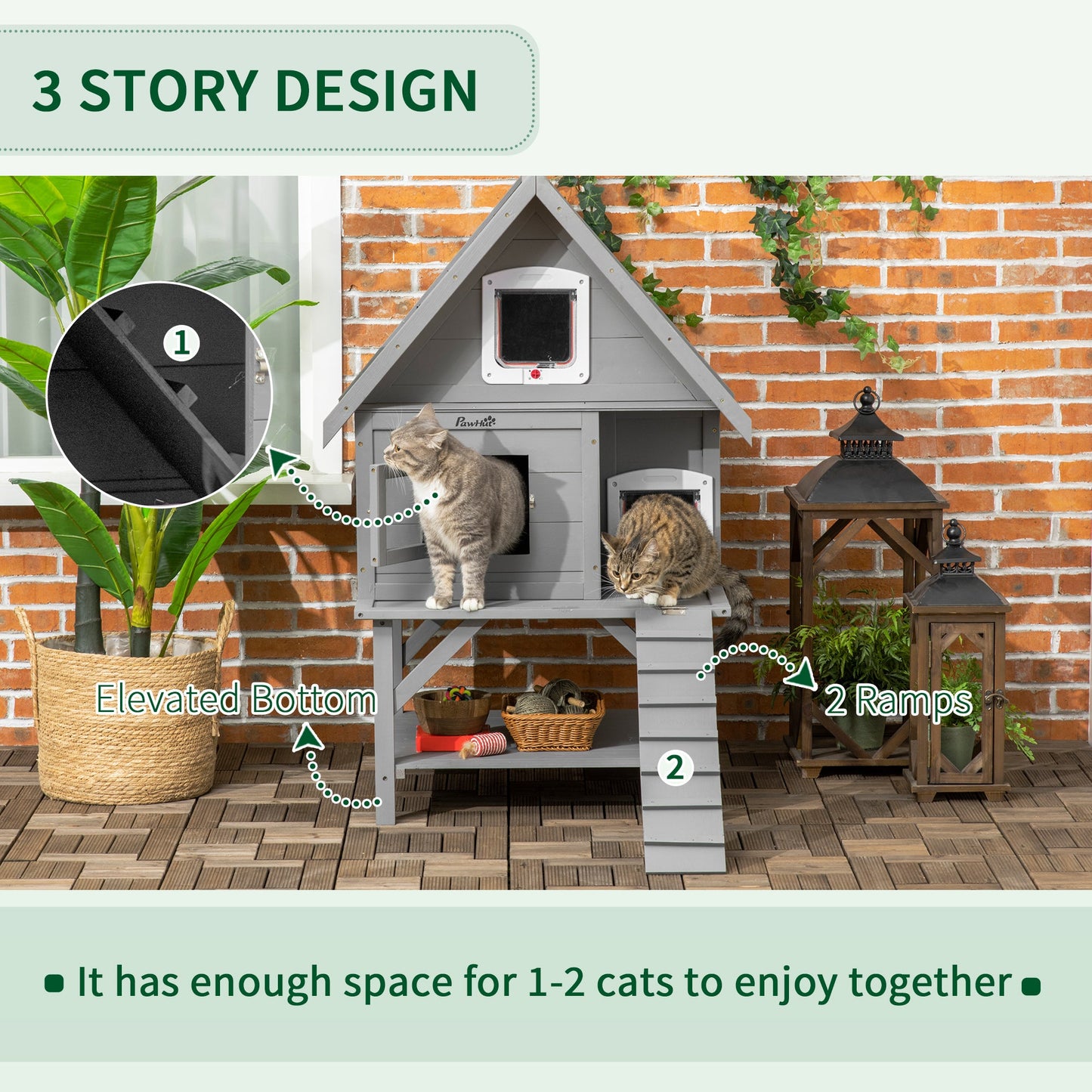 '-PawHut Outdoor Cat House with Terrace, 3-Story Feral Cat House with Weather Resistant Roof, Wooden Cat Shelter with Escape Doors Ramps, Resting Condos - Outdoor Style Company