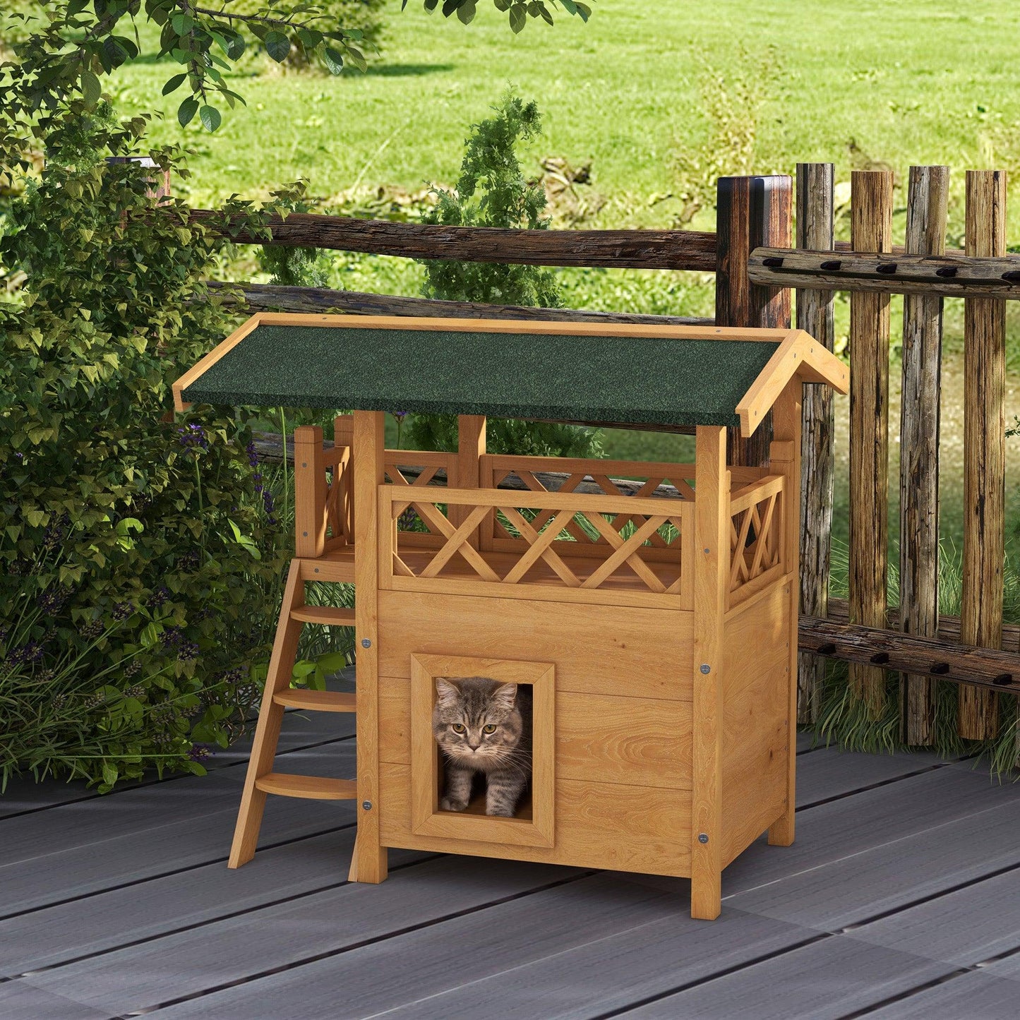 Miscellaneous - PawHut Outdoor Cat House, Wooden Kitten Condo, Natural - Outdoor Style Company