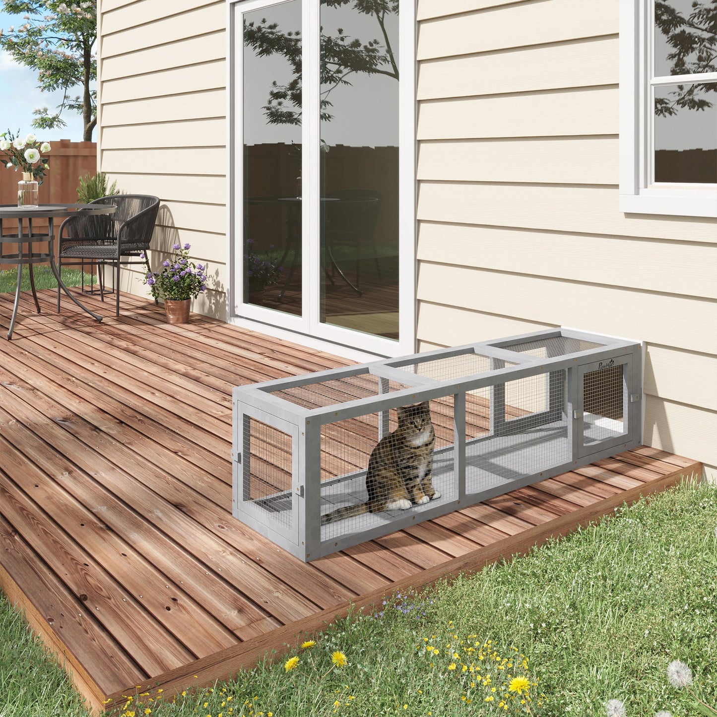 '-PawHut Outdoor Cat Tunnel with Extendable Design, 59" L Wooden Cat Run with Weather Protection, Connecting Inside and Outside, for Deck Patios, Balconies, Light Gray - Outdoor Style Company