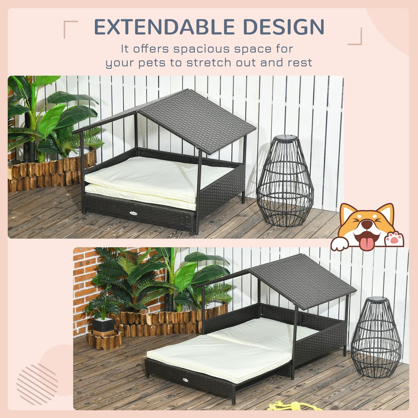 Miscellaneous - PawHut Outdoor Dog Bed Extendable Wicker Dog Bed w/ Waterproof Roof, Soft Cushion, for Small and Medium Dogs, Cream White - Outdoor Style Company