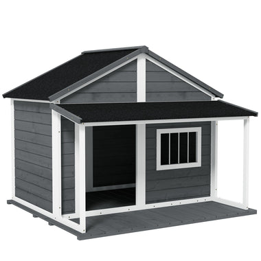 -PawHut Outdoor Dog House Cabin Style for Medium/Large Dogs, Wooden Raised Pet Kennel with Asphalt Roof,Loading 53 lbs., Gray - Outdoor Style Company