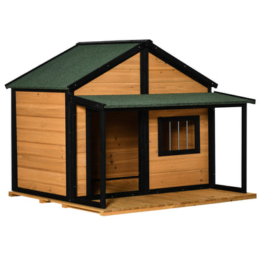 -PawHut Outdoor Dog House Wooden Raised Pet Kennel with Asphalt Roof, Front Door, Side Window, Porch for Medium/Large Dogs, Yellow - Outdoor Style Company