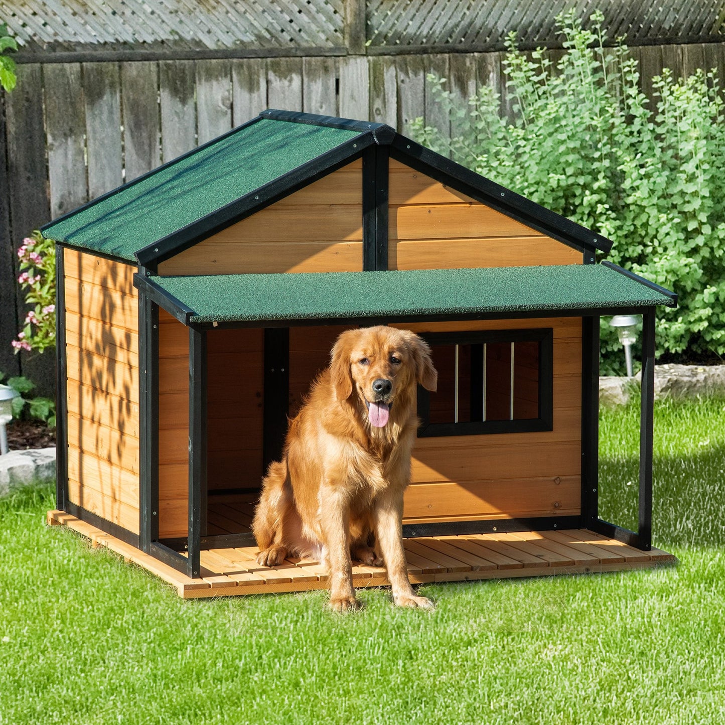 '-PawHut Outdoor Dog House Wooden Raised Pet Kennel with Asphalt Roof, Front Door, Side Window, Porch for Medium/Large Dogs, Yellow - Outdoor Style Company