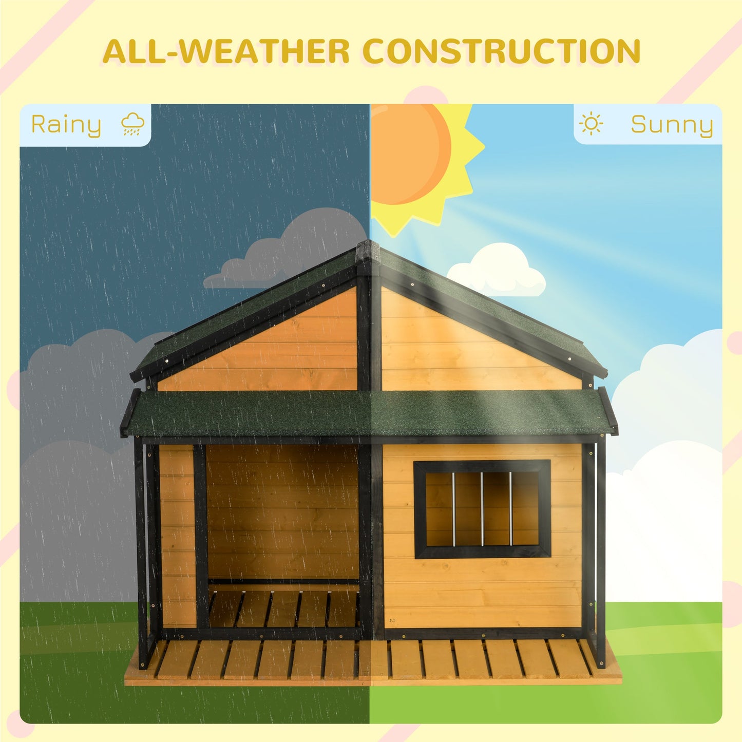 '-PawHut Outdoor Dog House Wooden Raised Pet Kennel with Asphalt Roof, Front Door, Side Window, Porch for Medium/Large Dogs, Yellow - Outdoor Style Company