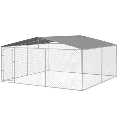 Outdoor Kennels - PawHut Outdoor Dog Kennel Galvanized Steel Fence with Cover Secure Lock Mesh Sidewalls for Backyard 15' x 15' x 7.5' - Outdoor Style Company