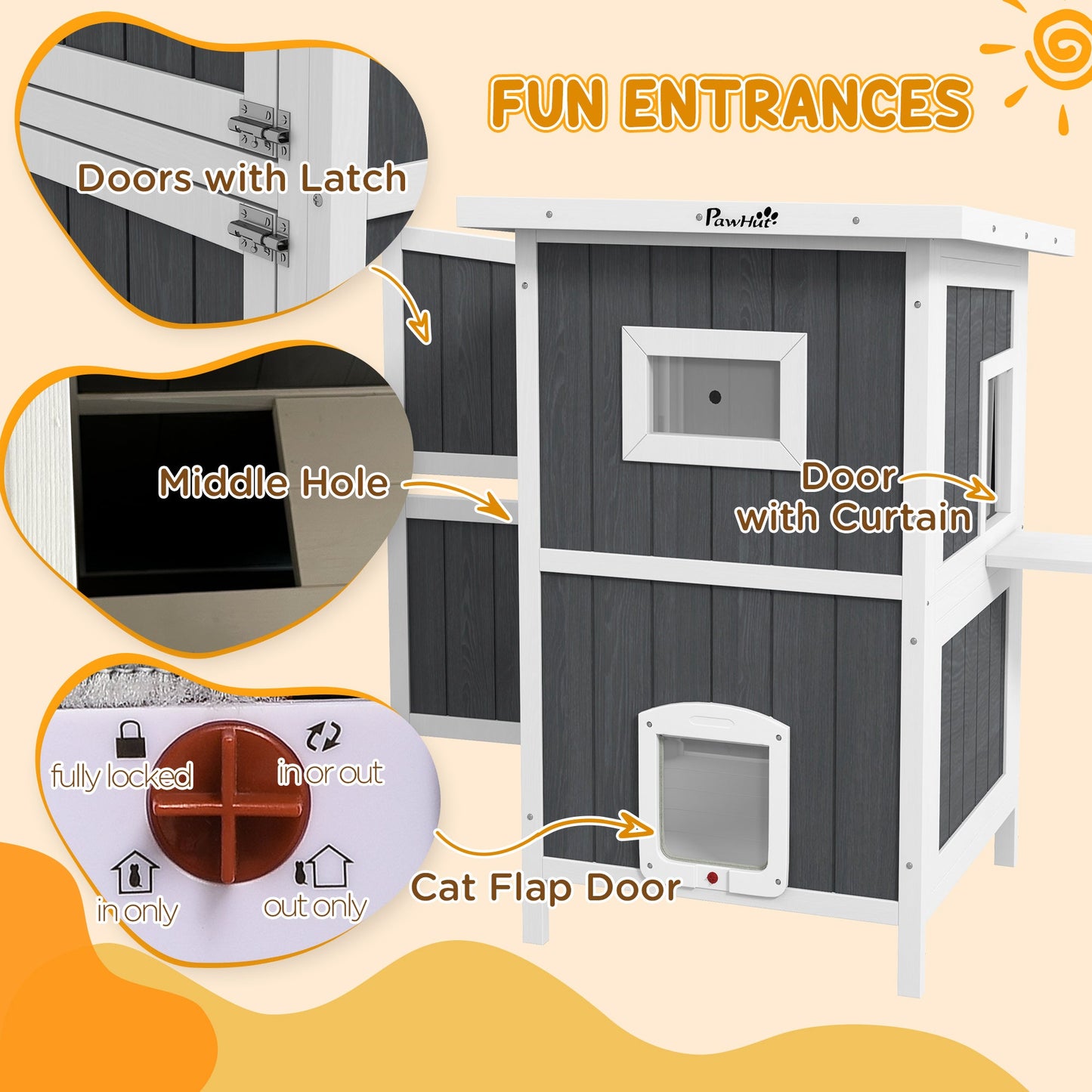 '-PawHut Outside Cat House Wooden Feral Cat House w/ Weatherproof Roof, Removable Floor, Escape Doors, for 1-2 Cats, Gray - Outdoor Style Company