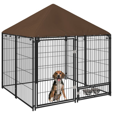 -PawHut Outside Dog Kennel, 4.6' x 4.6' x 5' Puppy Play Pen with Canopy, Garden Playpen Fence Crate Enclosure Cage with Rotating Bowl, Black - Outdoor Style Company