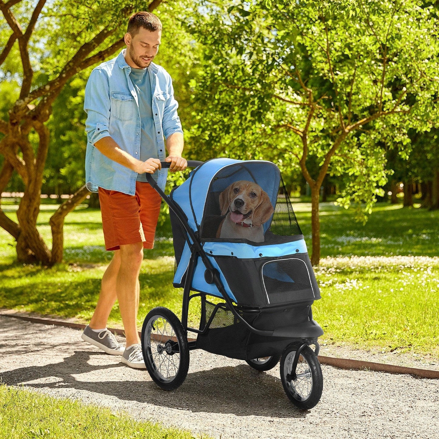 '-PawHut Pet Stroller for Small and Medium Dogs, 3 Big Wheels Foldable Cat Stroller with Adjustable Canopy, Safety Tether, Storage Basket, Blue - Outdoor Style Company