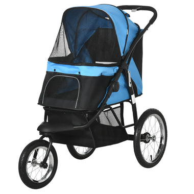 -PawHut Pet Stroller for Small and Medium Dogs, 3 Big Wheels Foldable Cat Stroller with Adjustable Canopy, Safety Tether, Storage Basket, Blue - Outdoor Style Company