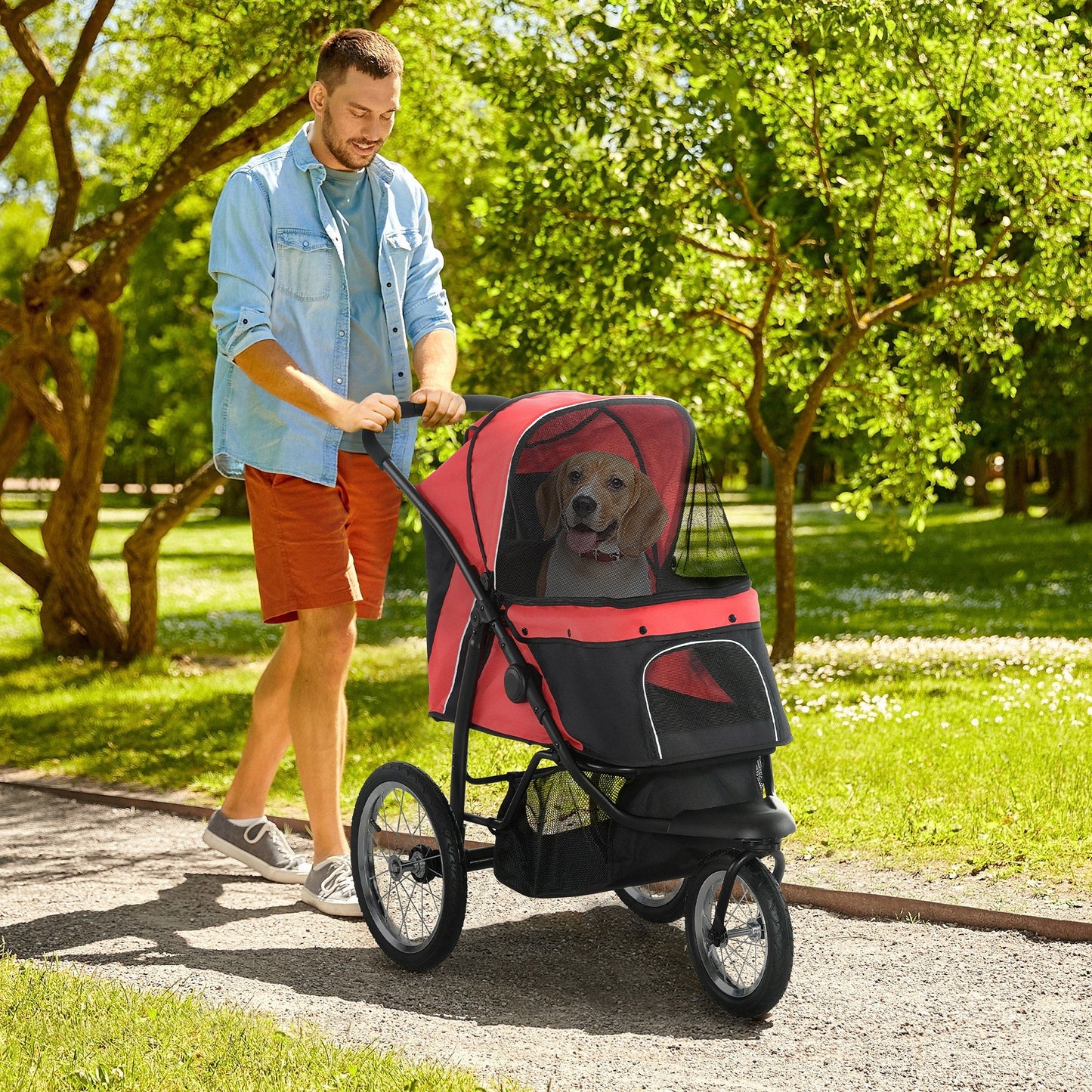 '-PawHut Pet Stroller for Small Dogs with Adjustable Canopy, 3 Big Wheels - Red - Outdoor Style Company