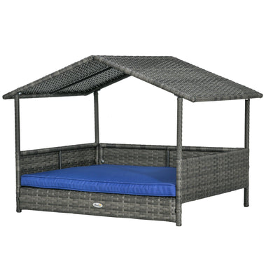 Outdoor Kennels - PawHut Wicker Dog House with Removable Cushion Lounge, Dark Blue - Outdoor Style Company