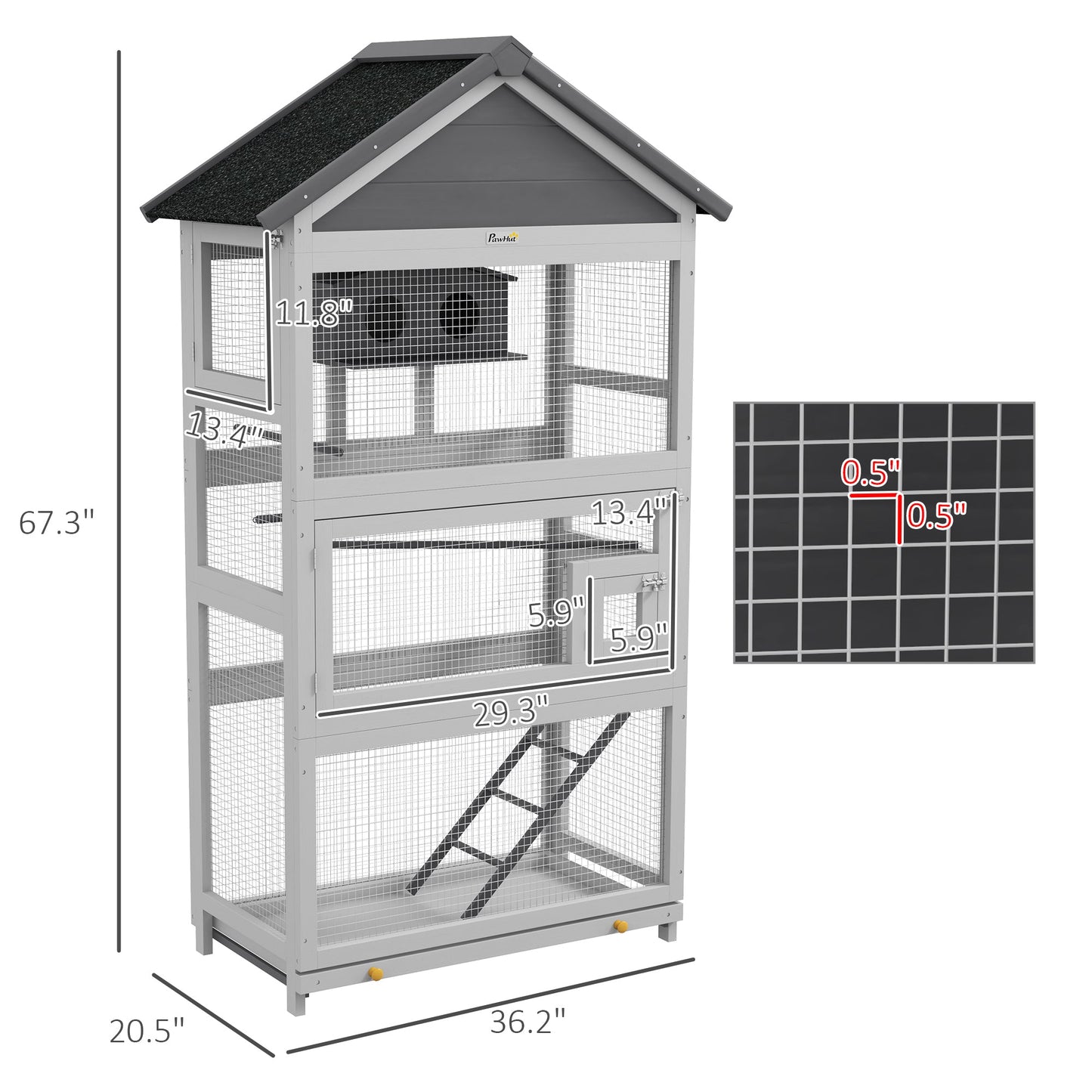 '-PawHut Wooden Bird Aviary with Slide-Out Tray, Birdhouse, Ladder, Perches for Finches, Parakeets, Gray - Outdoor Style Company