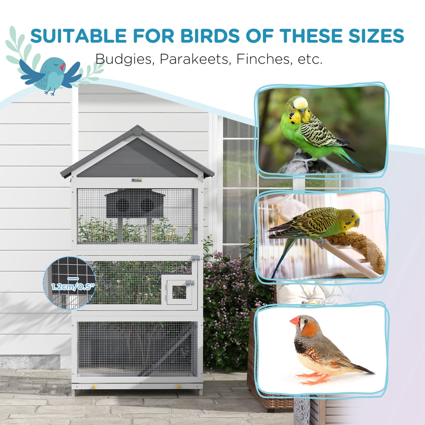 '-PawHut Wooden Bird Aviary with Slide-Out Tray, Birdhouse, Ladder, Perches for Finches, Parakeets, Gray - Outdoor Style Company