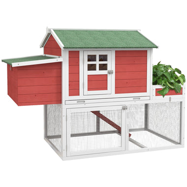 -PawHut Wooden Chicken Coop Hen House Poultry Cage for Outdoor Backyard with Raised Garden Bed, Run Area, Nesting Box and Removable Tray, White/Red - Outdoor Style Company