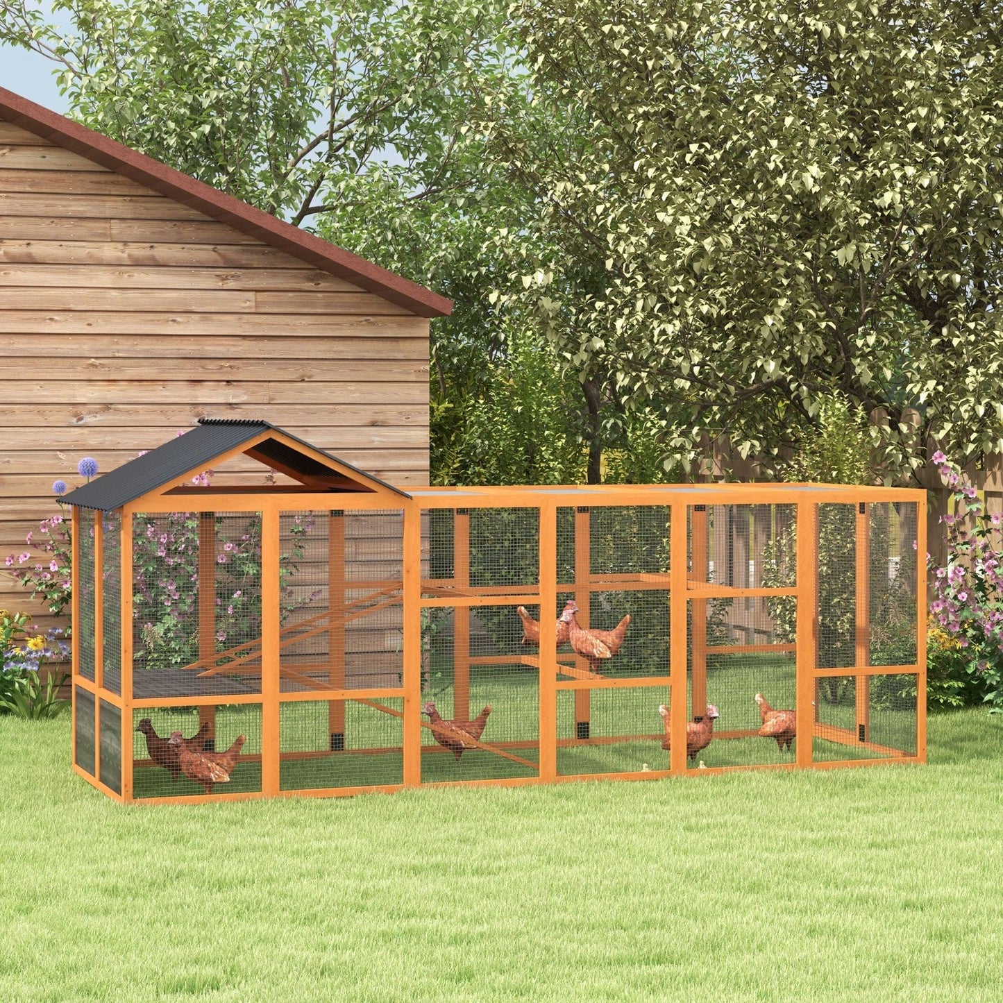 '-PawHut Wooden Chicken Coop Run for 6 - 10 Chickens, Hen House Add-On with Storage & Perches, 49" x 48" x 12.5", Orange - Outdoor Style Company