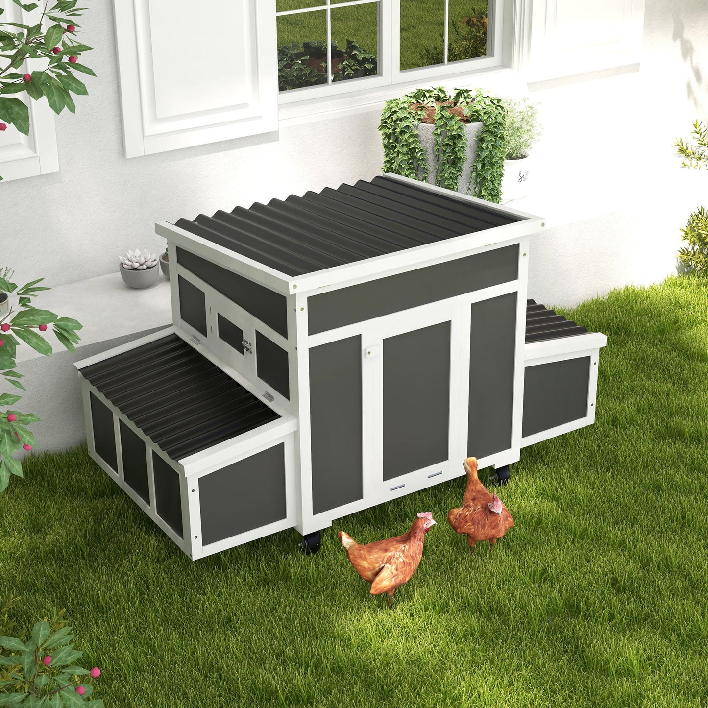 -PawHut Wooden Chicken Coop with Nesting Box, Pull Out Tray, Perches, Ramp & Windows for 6 Chickens, Hen House for Outdoor Backyard, Dark Gray - Outdoor Style Company