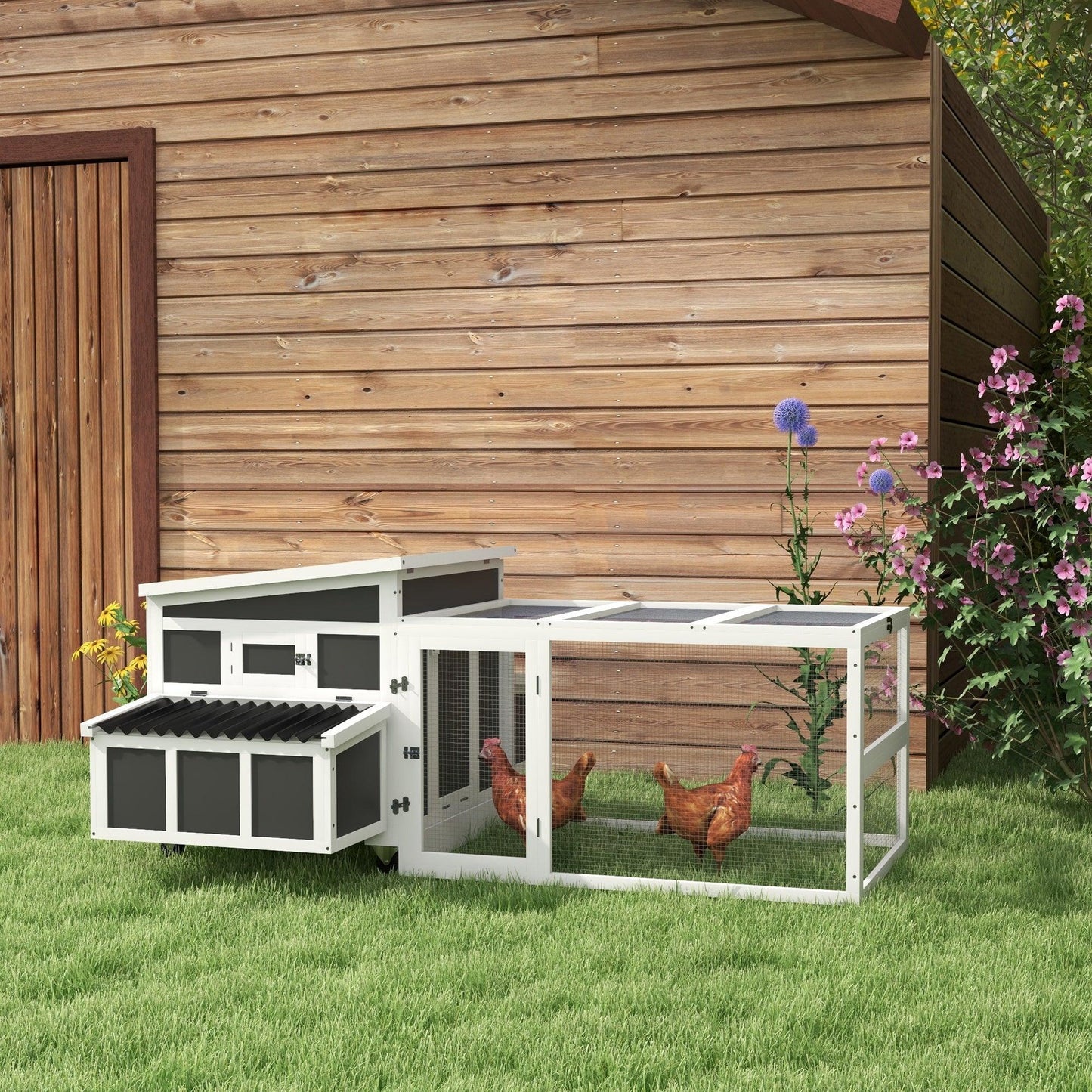 '-PawHut Wooden Chicken Coop with Nesting Box, Pull Out Tray, Run, Perches, Ramp & Windows for 6 Chickens, Hen House for Outdoor Backyard, Dark Gray - Outdoor Style Company