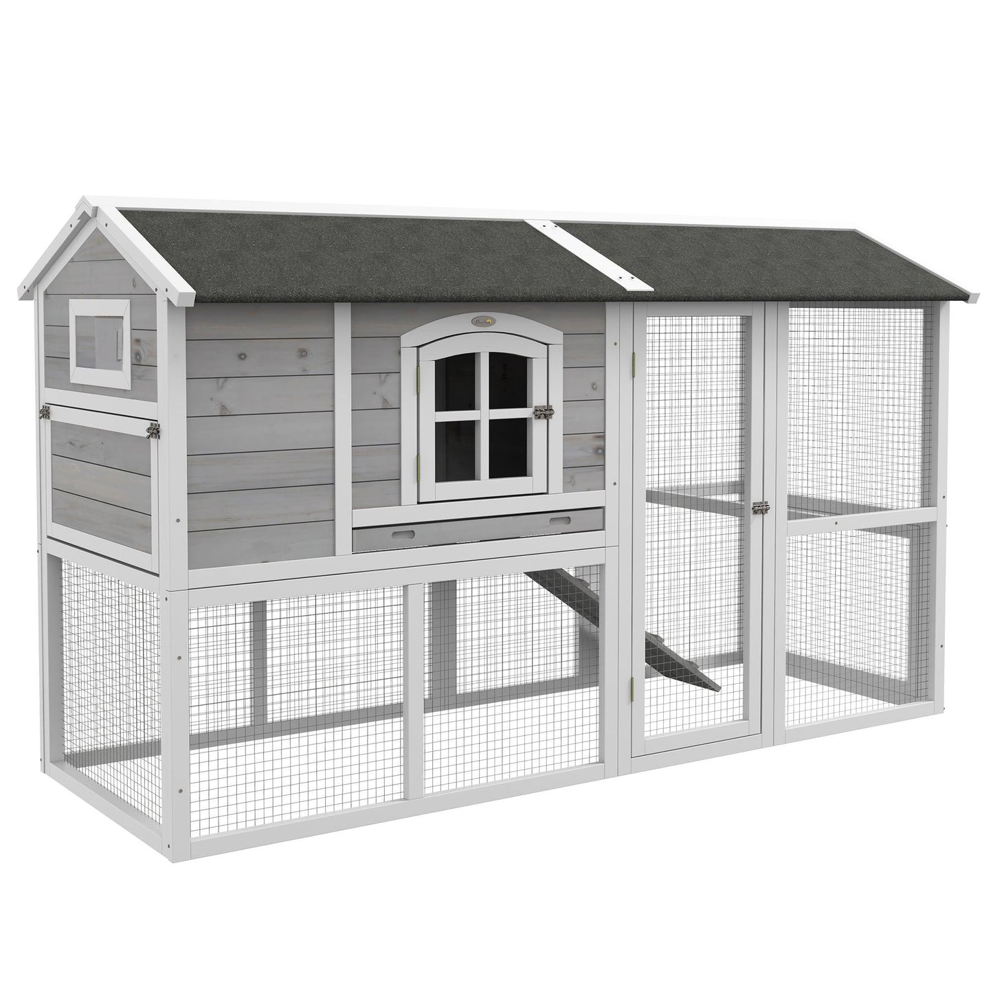 '-PawHut Wooden Chicken Coop with Run for 3-4 Chickens, Hen House with Nesting Box & Removable Tray, Outdoor Poultry Cage, 77.5" x 32.5" x 46", Gray - Outdoor Style Company