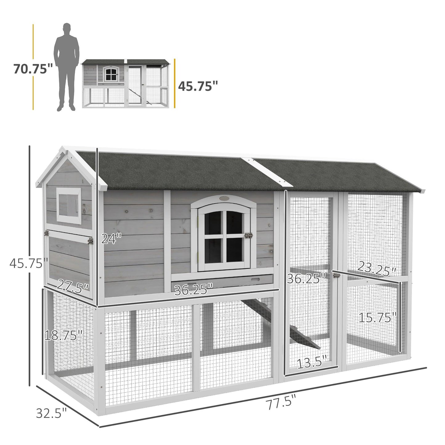 '-PawHut Wooden Chicken Coop with Run for 3-4 Chickens, Hen House with Nesting Box & Removable Tray, Outdoor Poultry Cage, 77.5" x 32.5" x 46", Gray - Outdoor Style Company