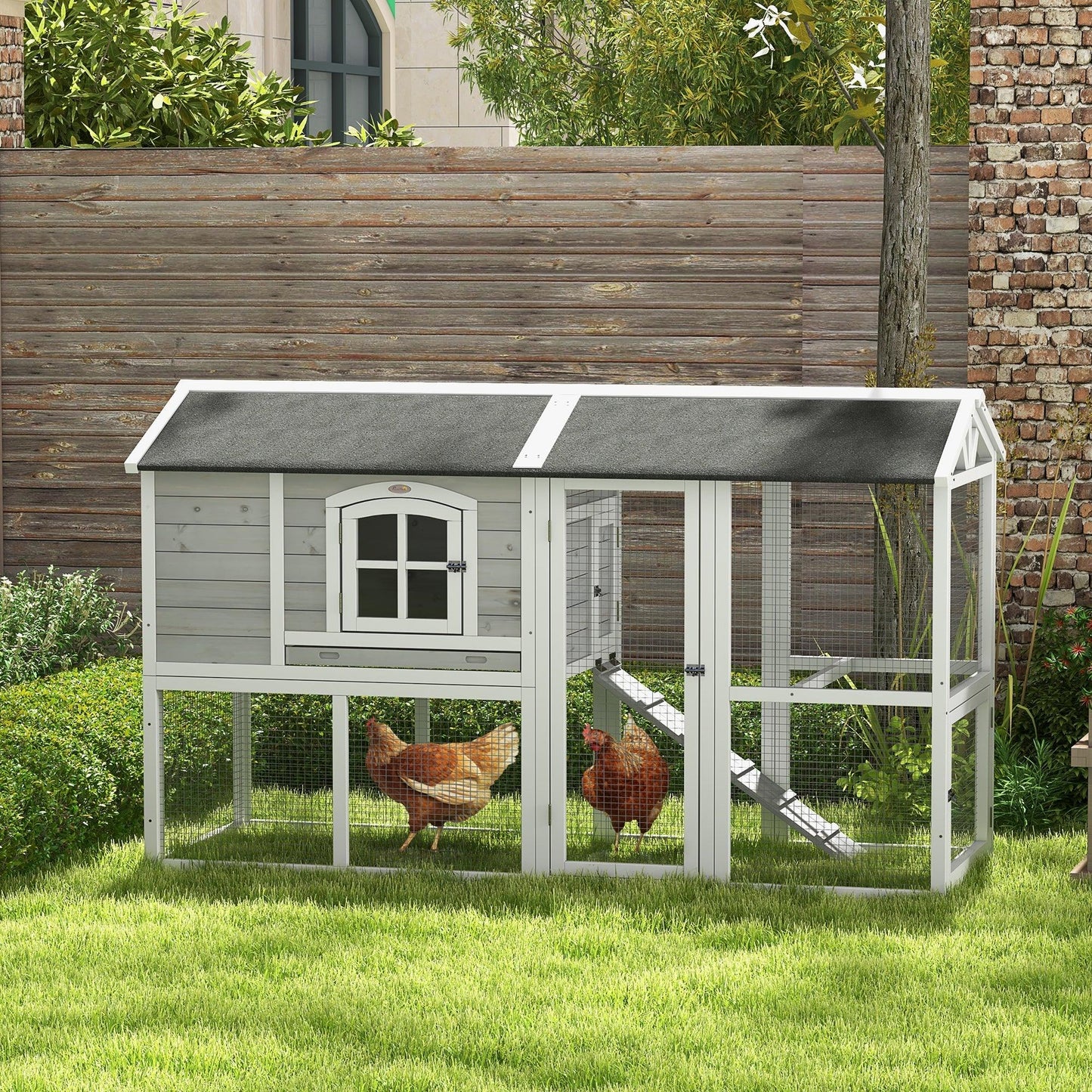 '-PawHut Wooden Chicken Coop with Run for 3-4 Chickens, Hen House with Nesting Box & Removable Tray, Outdoor Poultry Cage, 77.5" x 32.5" x 46", Gray - Outdoor Style Company