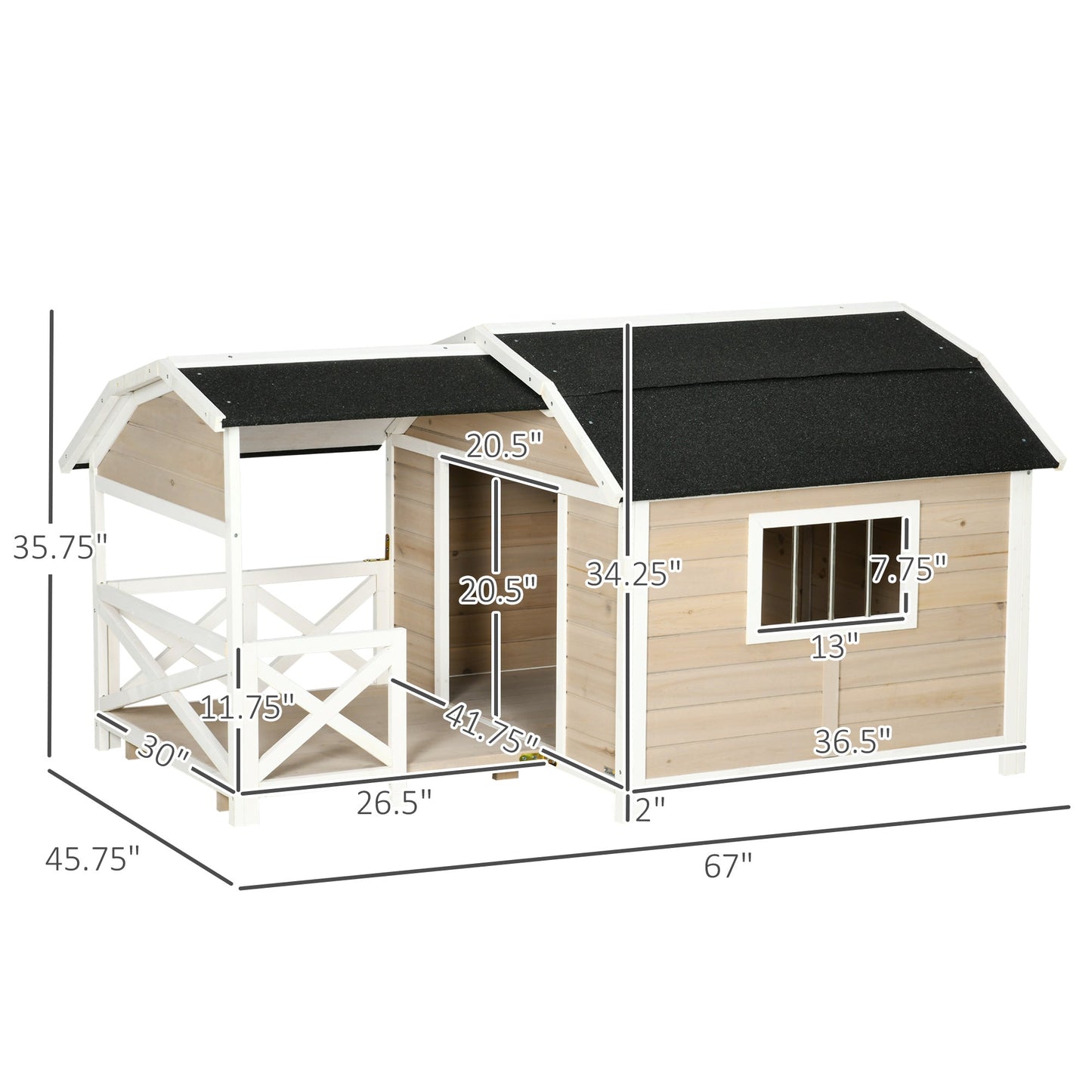 -PawHut Wooden Dog House Outdoor with Porch, Raised Pet Kennel for Medium Large Dogs, with Asphalt Roof, Front Door, Side Windows, Gray - Outdoor Style Company