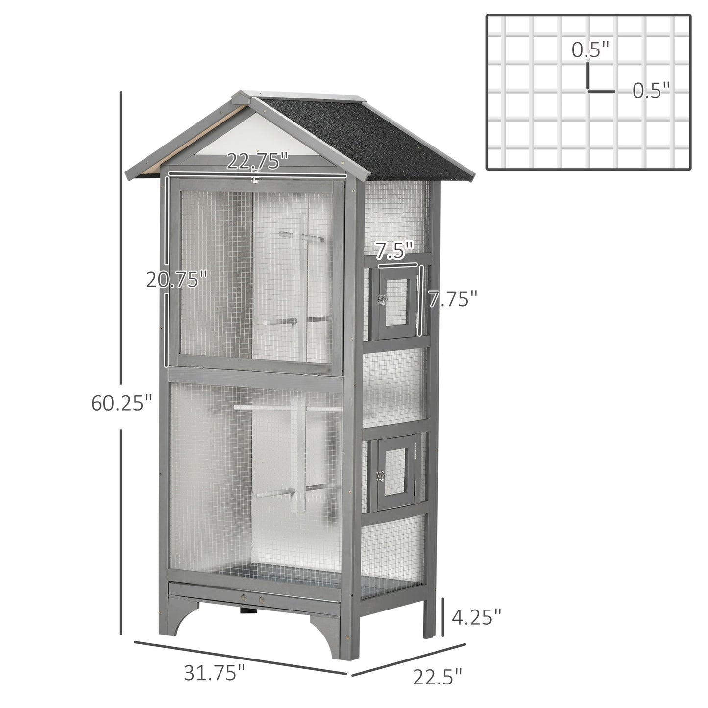 '-PawHut Wooden Outdoor Bird Cage, Featuring a Large Play House with Removable Bottom Tray 4 Perch, Light Grey - Outdoor Style Company