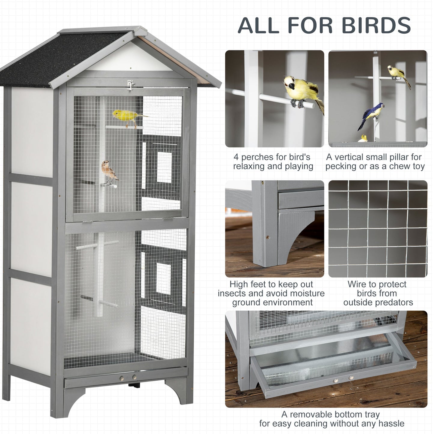 '-PawHut Wooden Outdoor Bird Cage, Featuring a Large Play House with Removable Bottom Tray 4 Perch, Light Grey - Outdoor Style Company